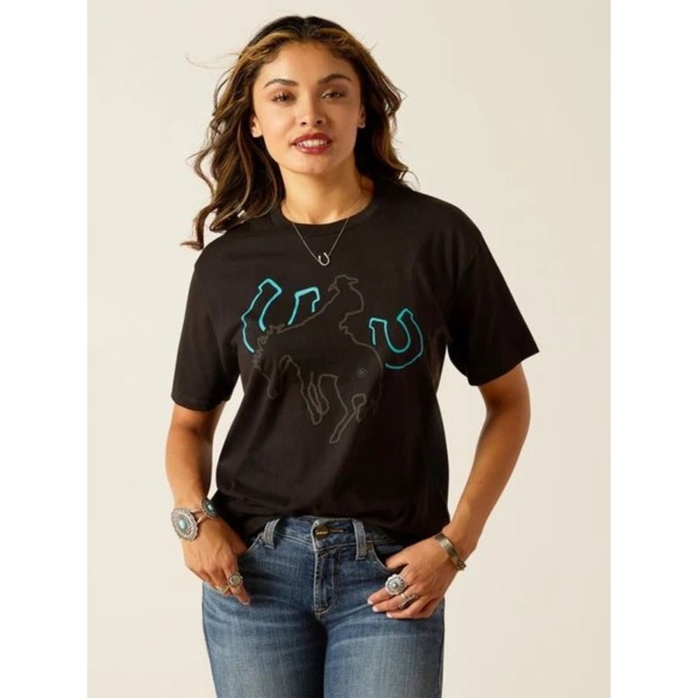 Ariat Womens Black Bronco Horseshoe Graphic T-Shirt Boyfriend Fit Small